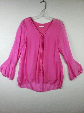 Made in Italy Silk Blouse Top Tunic Pink Lace-Up Flared Sleeves size S/M